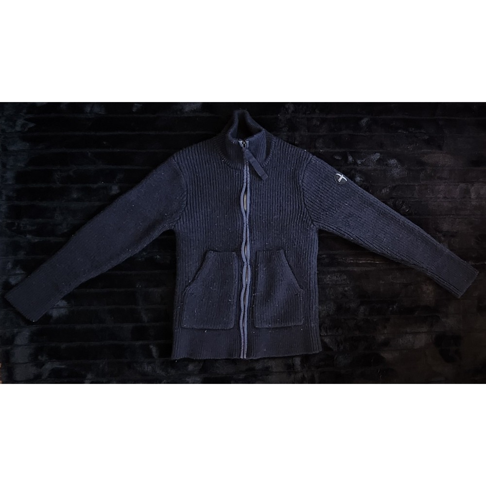 Relwen Rib Track Jacket Navy Size Small 100% Wool Rn#121082 With Elbow Patches